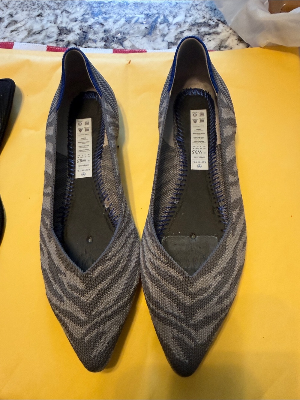 Rothy’s Pointed Knit Ballet Flats in Gray and Navy